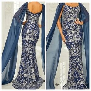 Retro, Draped Sleeves,  Contrast Sequined, Backless,  Gown